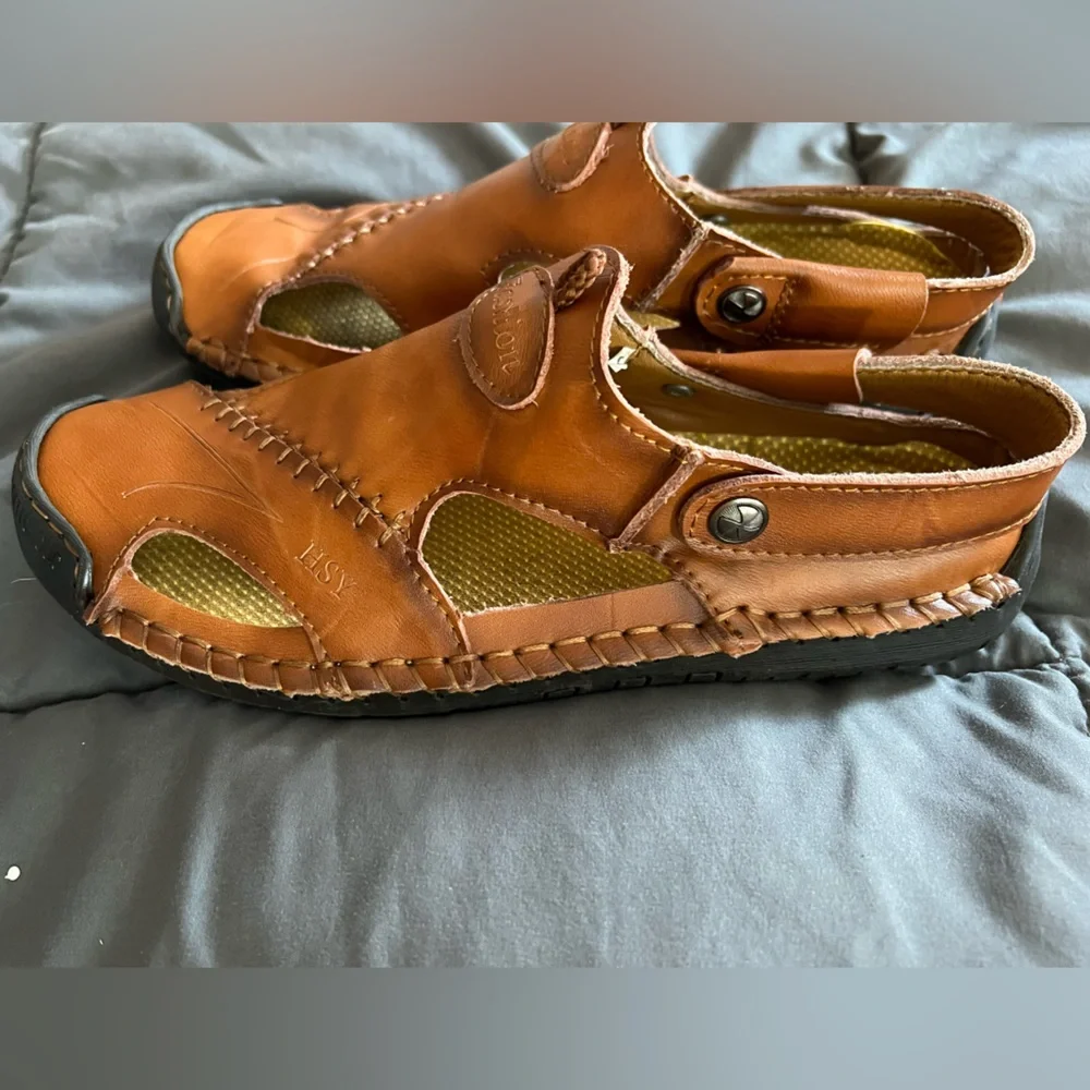 HSY Fashion Men's 100% Caoutchouc Leather‎ Closed Toe Sandal Brown Size 40 US 7